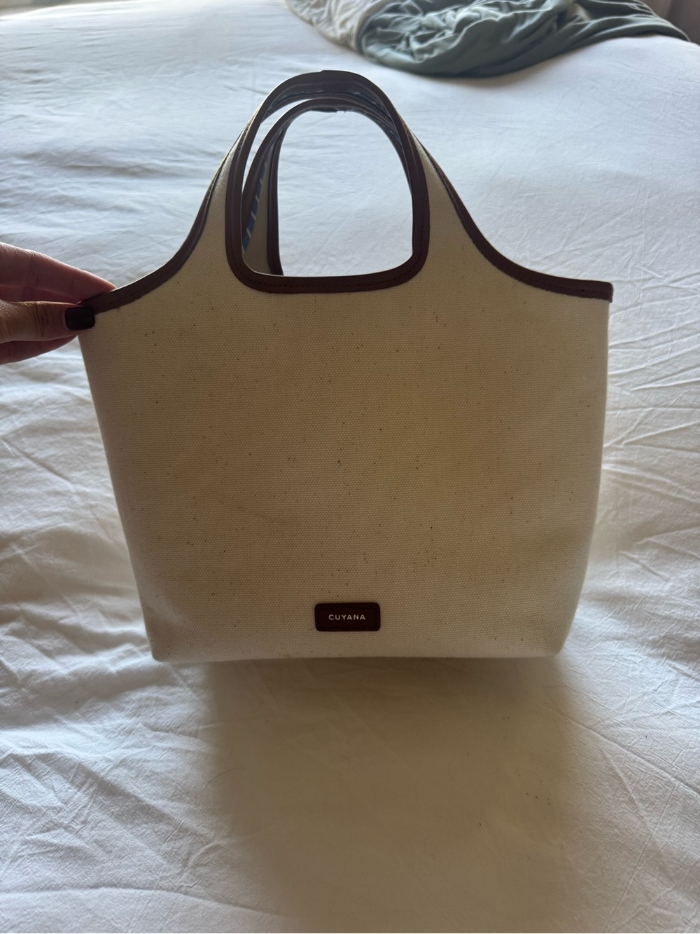 Cuyana Canvas Tote in Natural and Brown Trim